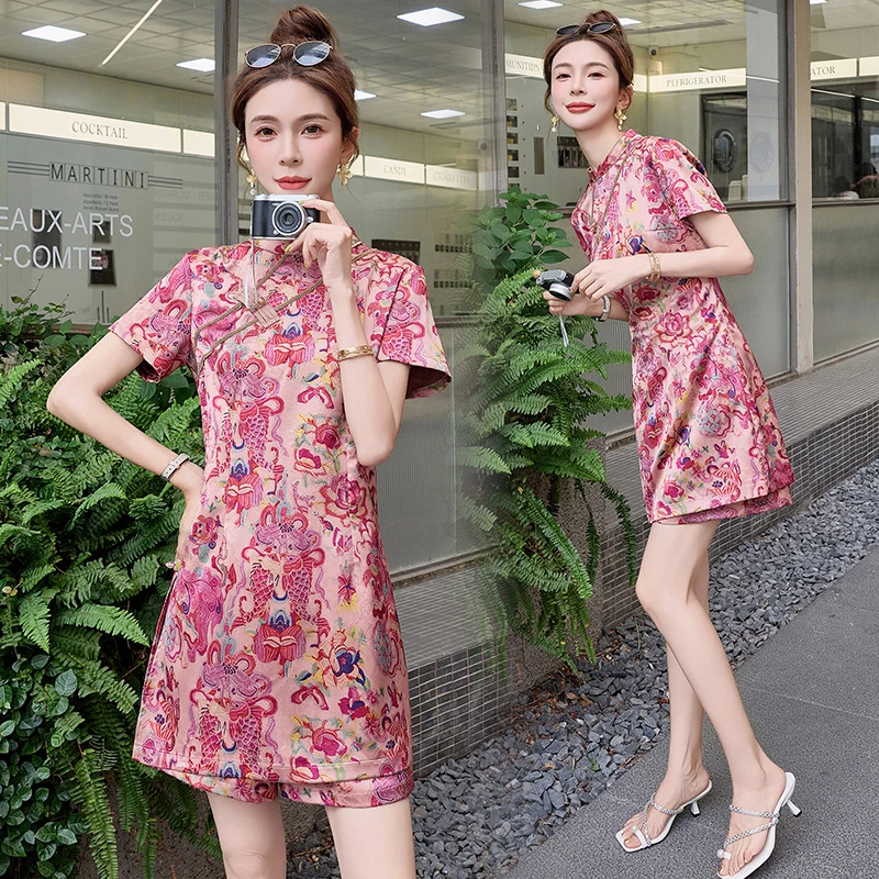 新中式国风盘扣印花套装女2025年夏季新款复古改良旗袍短裤两件套