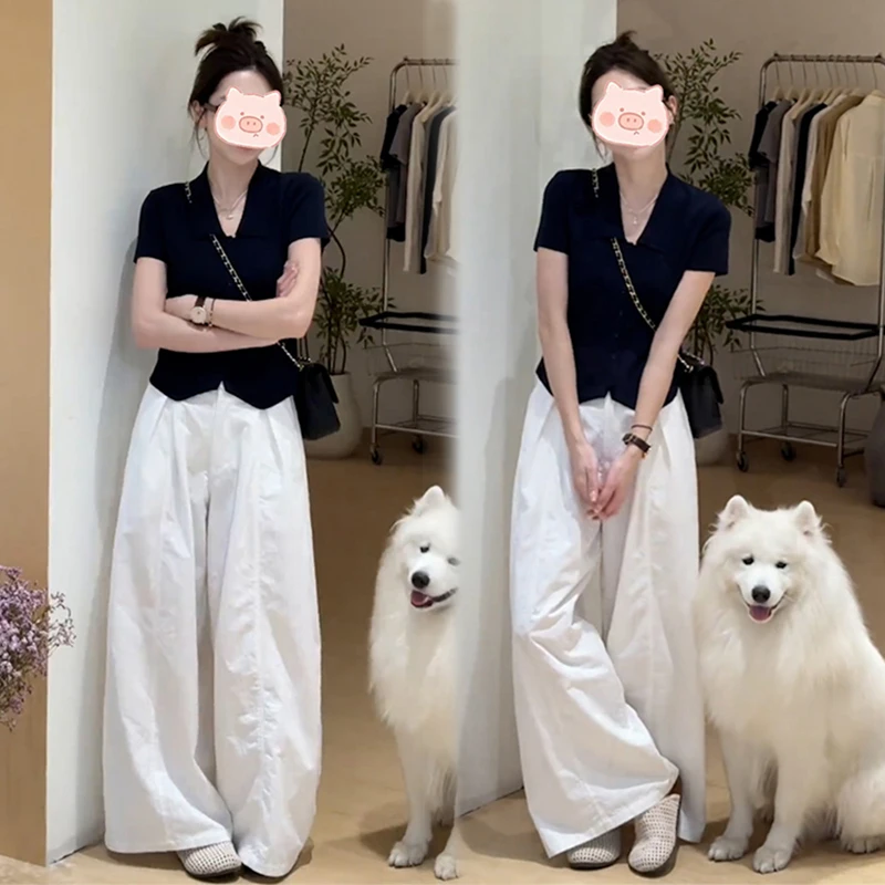 夏季时尚一整套女装2025新款百搭Polo领针织衫高腰阔腿裤两件套装