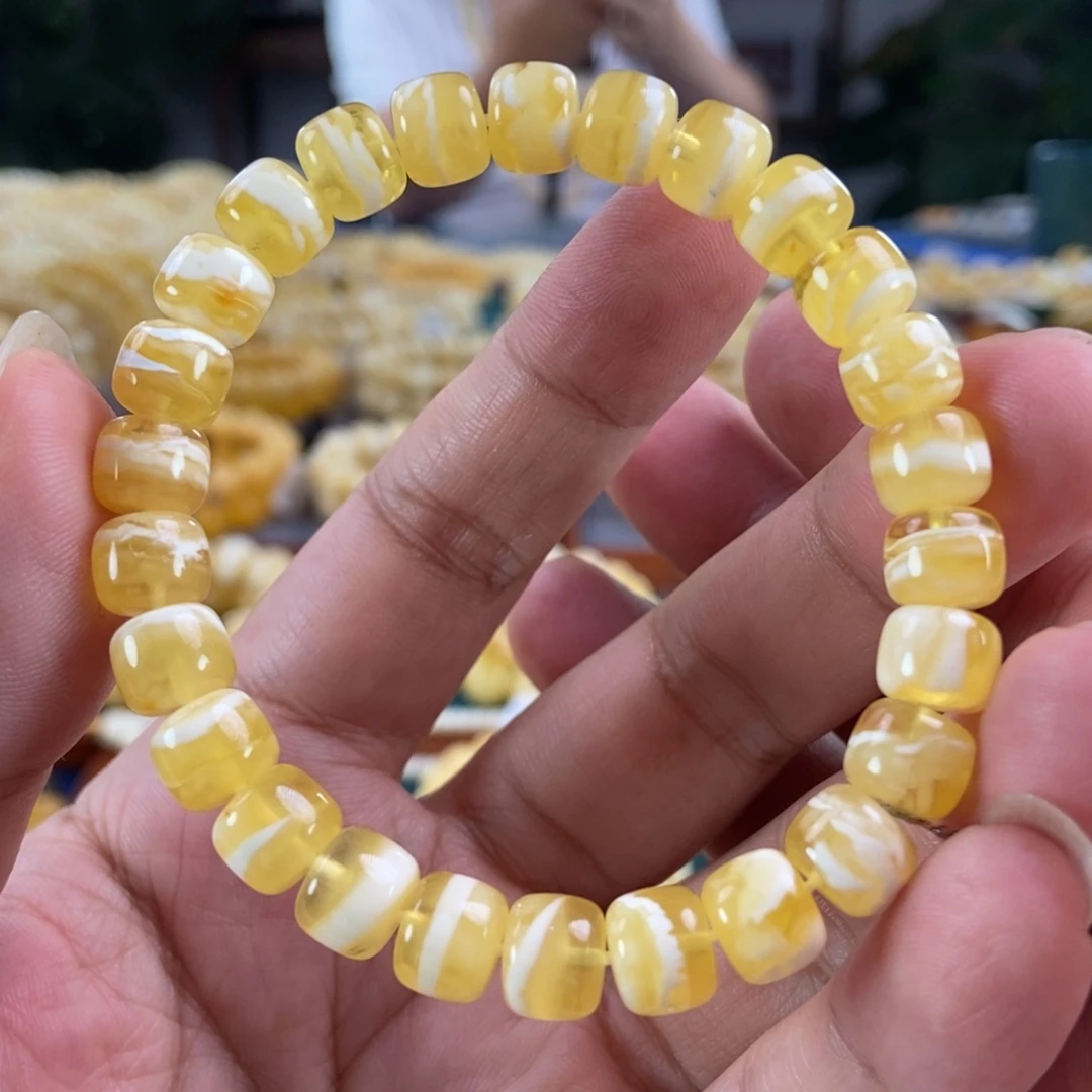 琥珀未镶嵌珠宝奇石8+金瓷白虎皮纹老型手串10.3