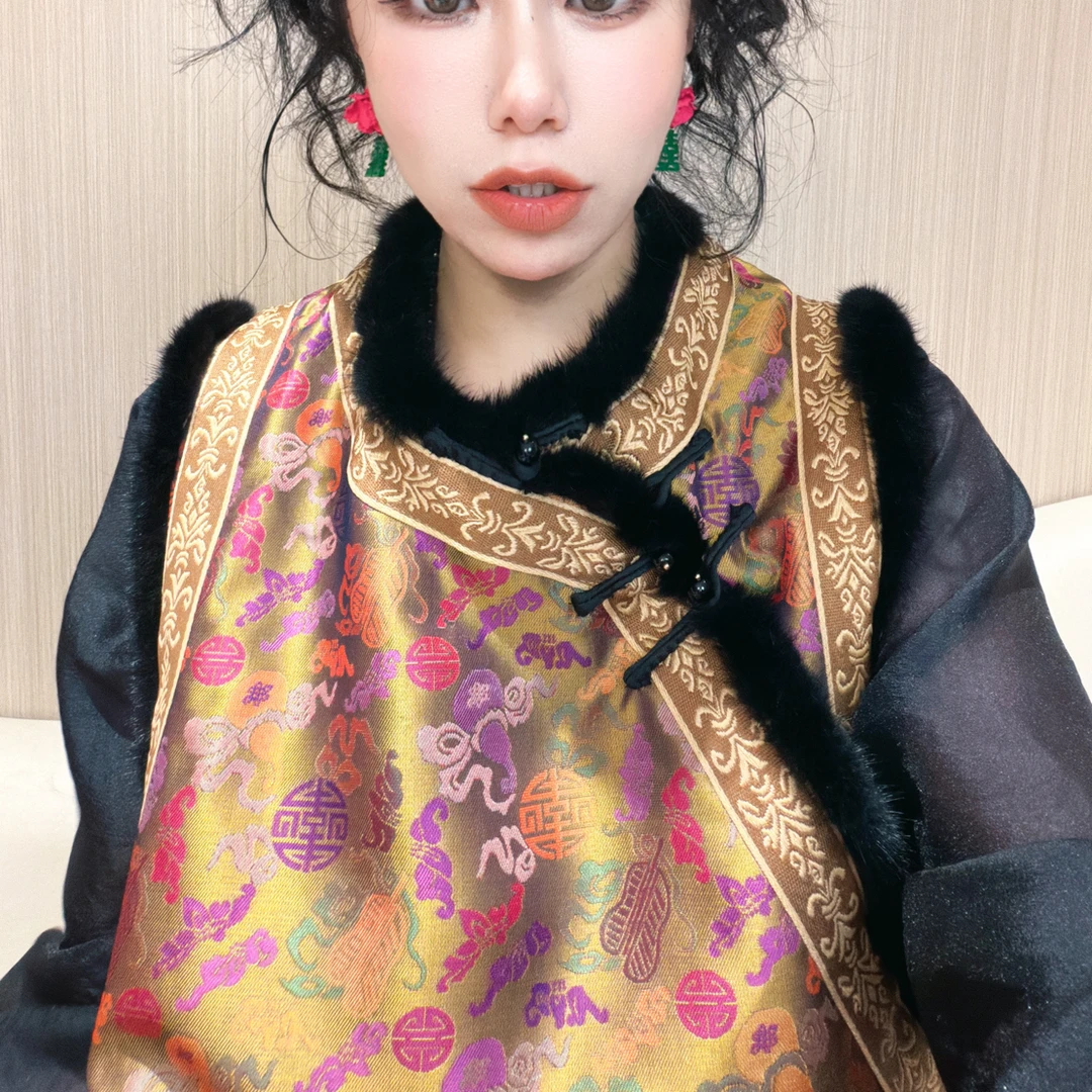 5699-3#《八宝葫芦貂毛》国风新中式日常提花棉衣无袖外衣时尚