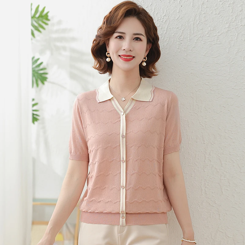 中老年女装翻领针织薄款T恤洋气妈妈装夏装新款冰丝上衣短袖小衫