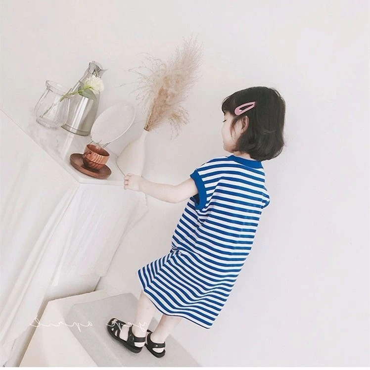 2020夏季新品女童宝宝海军风蓝条纹无袖T恤裙连衣裙