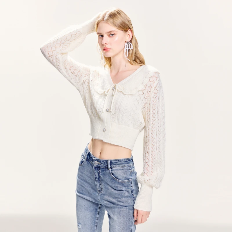 missCOCOON千金风超高收腰荷叶领针织衫0075