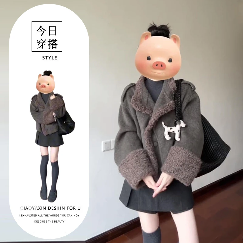 韩系高级感穿搭套装秋冬季立领打底衫加厚呢子外套a字裙裤三件套