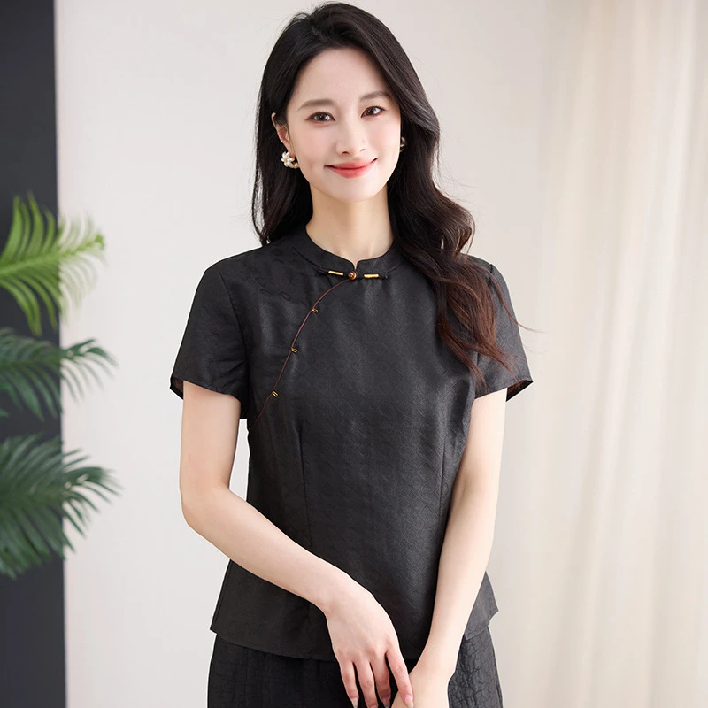 真丝提花龟裂纹香云纱上衣高档真丝桑蚕丝小衫夏季复古风洋气衬衫