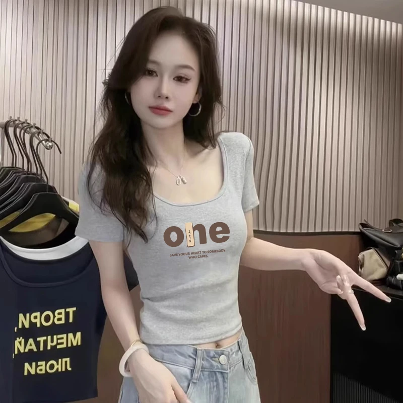 纯欲风小个子辣妹夏季低领甜辣露锁骨正肩t恤女短款修身短袖上衣