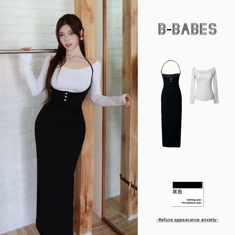 B-babes【奥立奥】大码纯欲挂脖连衣裙长袖气质上衣真两件套装裙