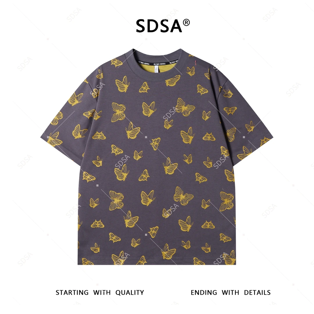 SDSA夏季新款男士痞帅设计师撞色满印割破蝴蝶圆领短袖T恤重工
