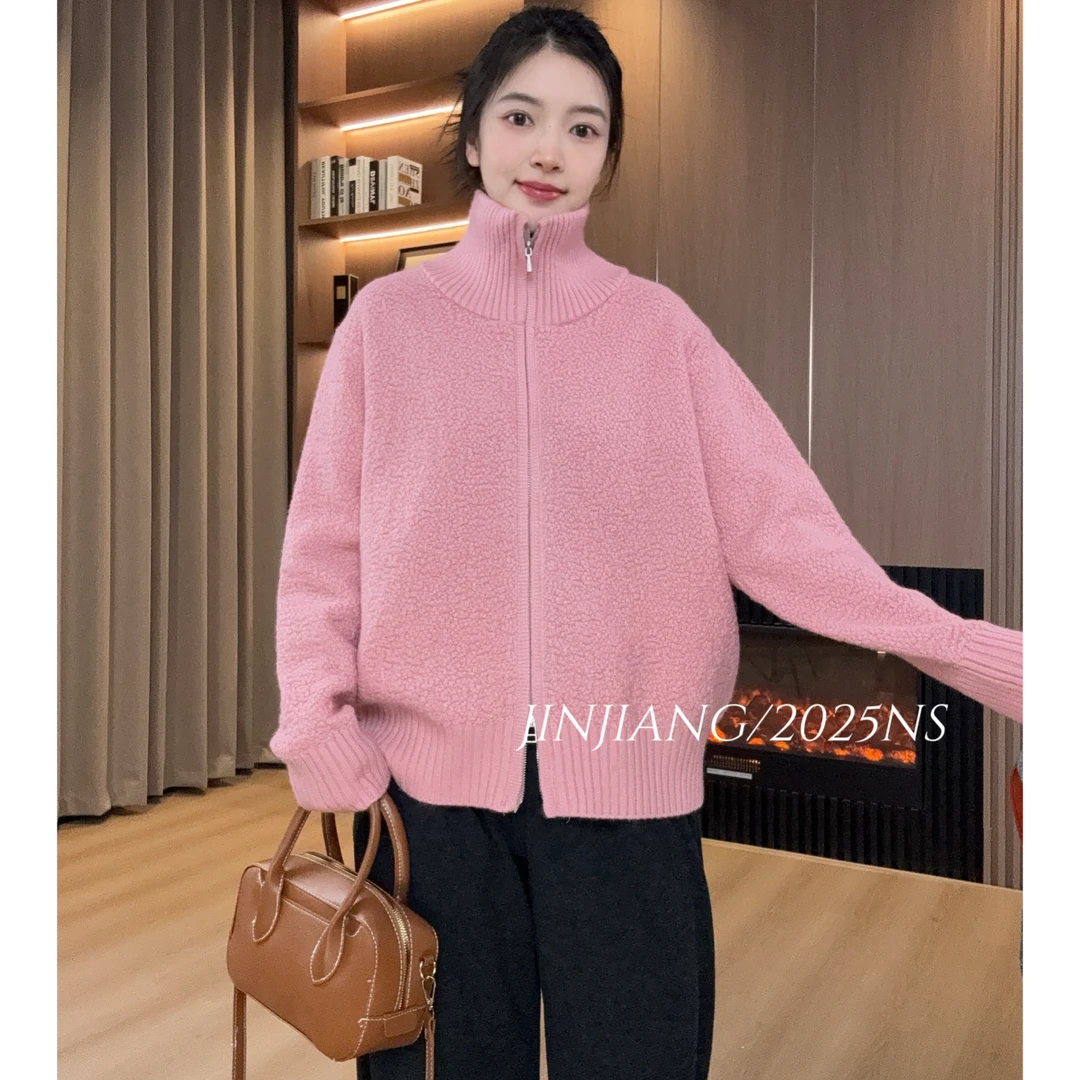 ROUSI【舒芙蕾】秋冬韩版立领加厚宽松纯色时尚百搭针织开衫上衣