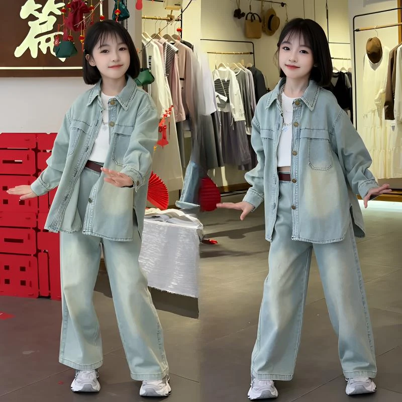 女童春季牛仔套装休闲时髦中大童2025新款儿童外套裤子两件套