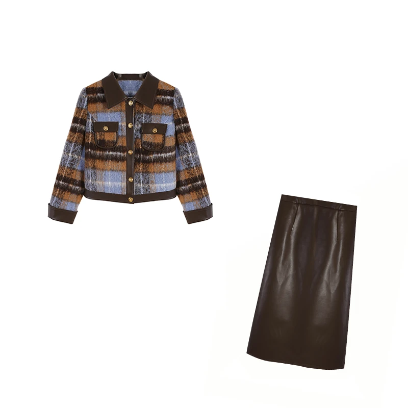 橘子-蓝咖格上衣皮裙两件套ZL100643