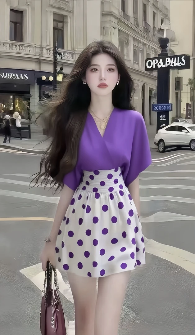 时尚纯欲千金风松弛感紫色V领短袖收腰波点设计连衣裙女小众显瘦