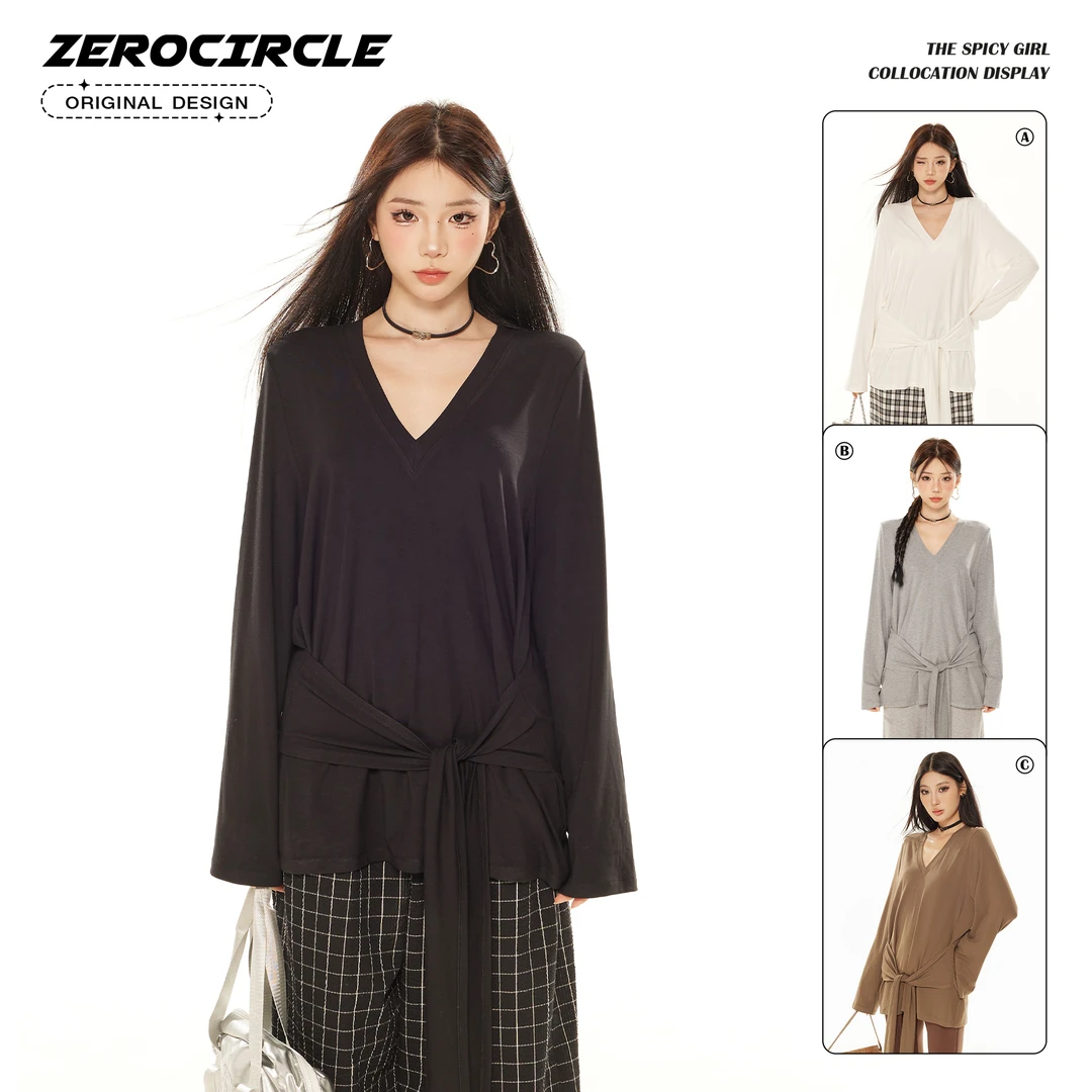 野生zero 宽松绑结V领T恤 Z29033E44