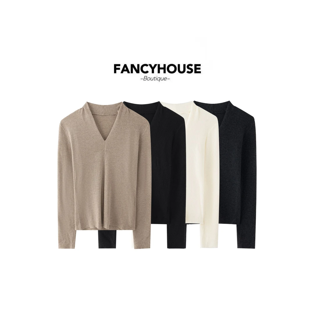 FANCY【垂迹】长袖圆领简约打底衫V领时尚百搭F8159