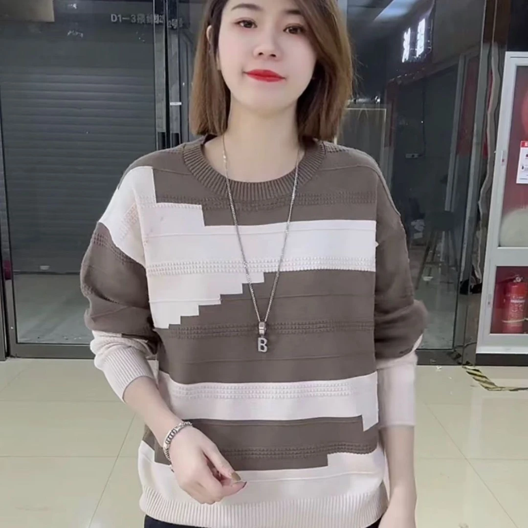 【80-200斤】大码女装2025春秋季新款拼色圆领毛衣时尚针织衫宽松