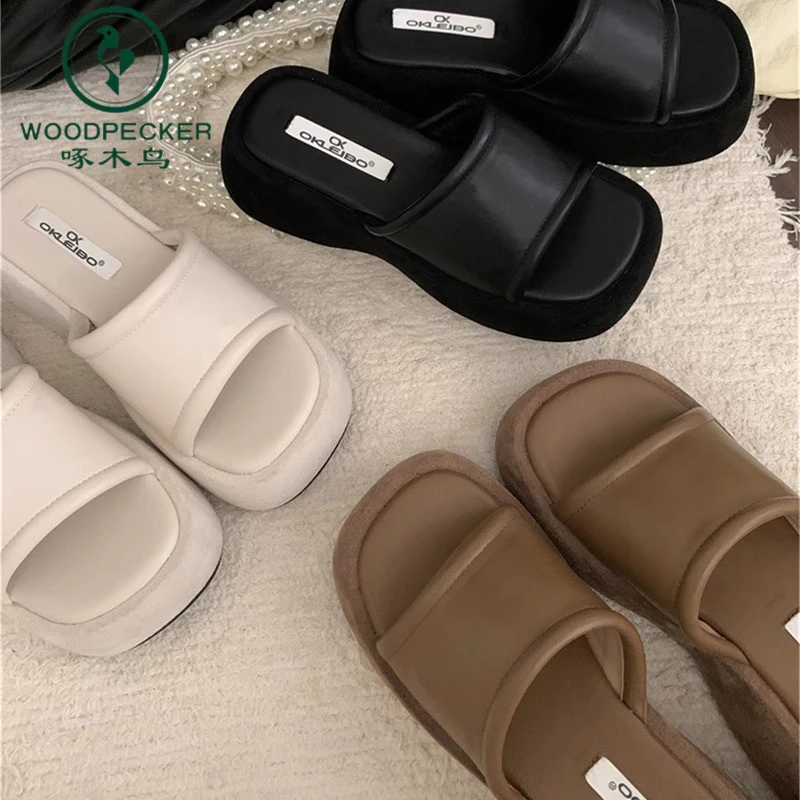 啄木鸟韩版方头软皮厚底一字拖女外穿2025年春夏新款百搭凉拖鞋