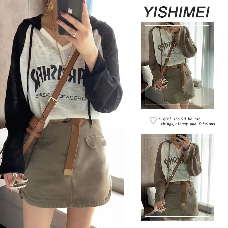 早秋美拉德穿搭2025年新款韩系百搭连帽长袖上衣高腰短裙两件套装