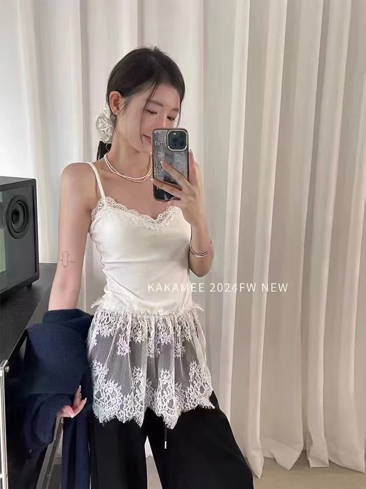 纯色性感蕾丝花边吊带背心女内搭带胸垫美背长款上衣