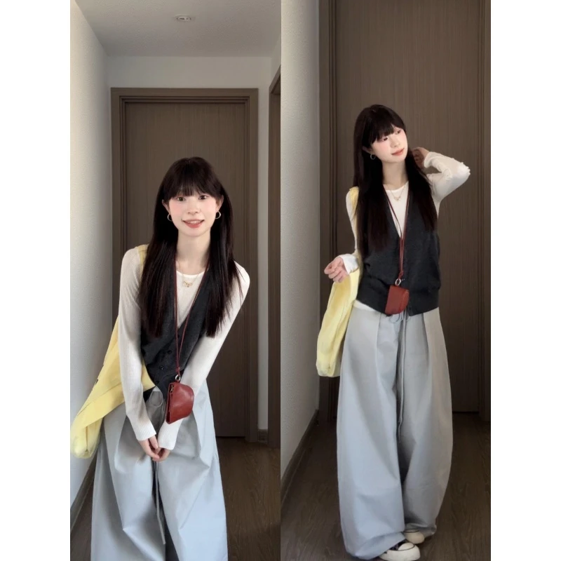 parkyeon韩系设计感挂脖马甲长袖打底衫阔腿长裤女秋季时尚套装