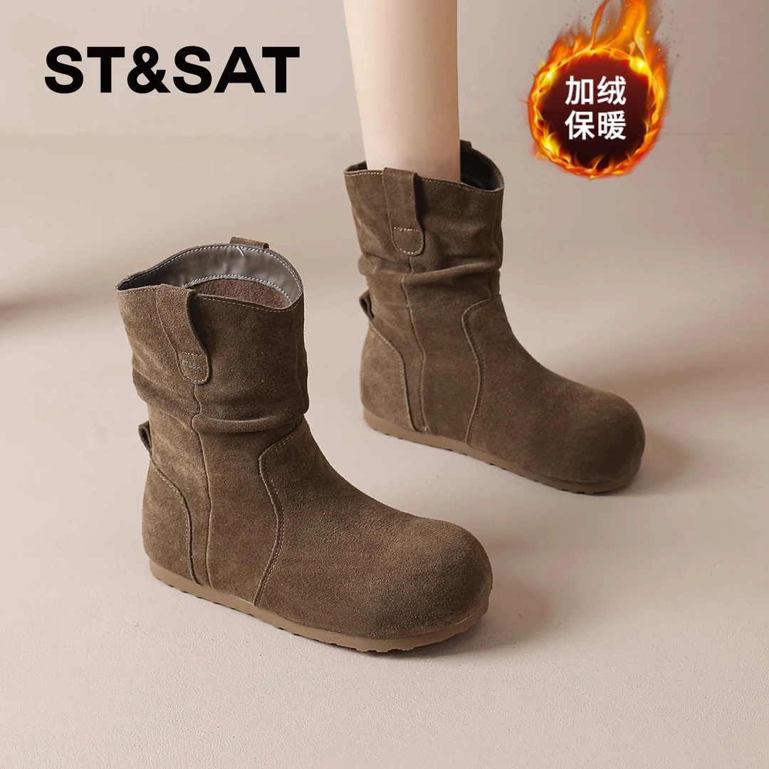 星期六马丁靴女2025冬季爆款复古时装靴西部牛仔骑士靴褶皱堆堆靴