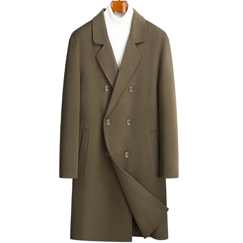 埃登100%羊毛面料双面羊毛大衣双排扣毛呢大衣中长款落肩风衣外套