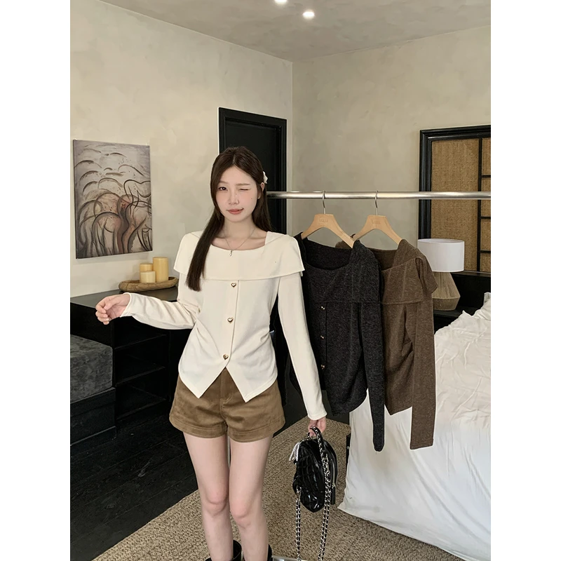 休闲气质一字肩软糯打底T恤长袖上衣百搭2025秋装新款胖mm大码女