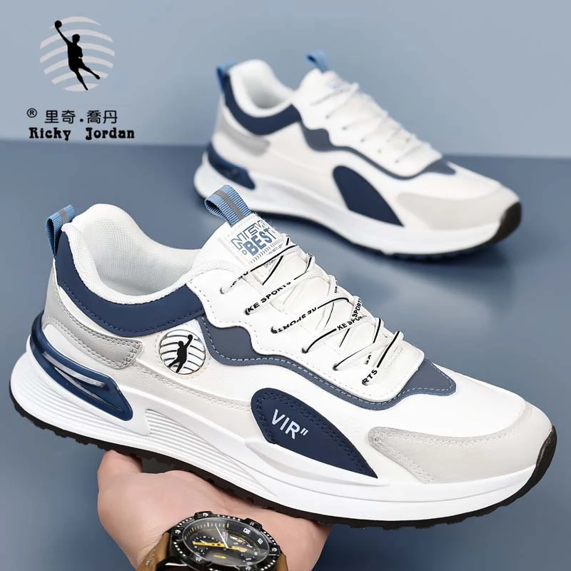 里奇乔丹男鞋透气网眼轻便耐磨跑步鞋皮面韩版百搭潮流休闲运动鞋