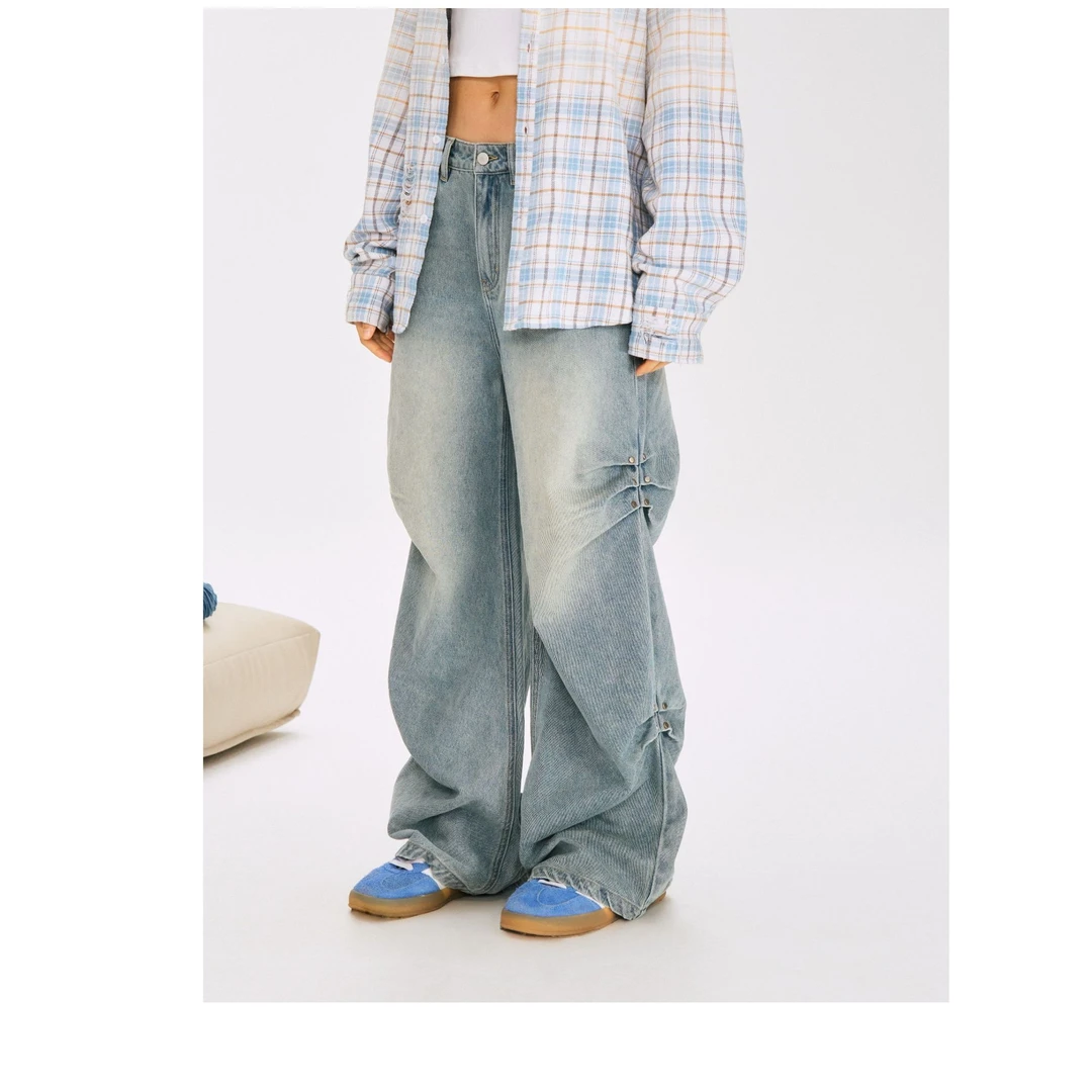 F426宽松休闲美式侧边褶皱水洗阔腿牛仔裤6500