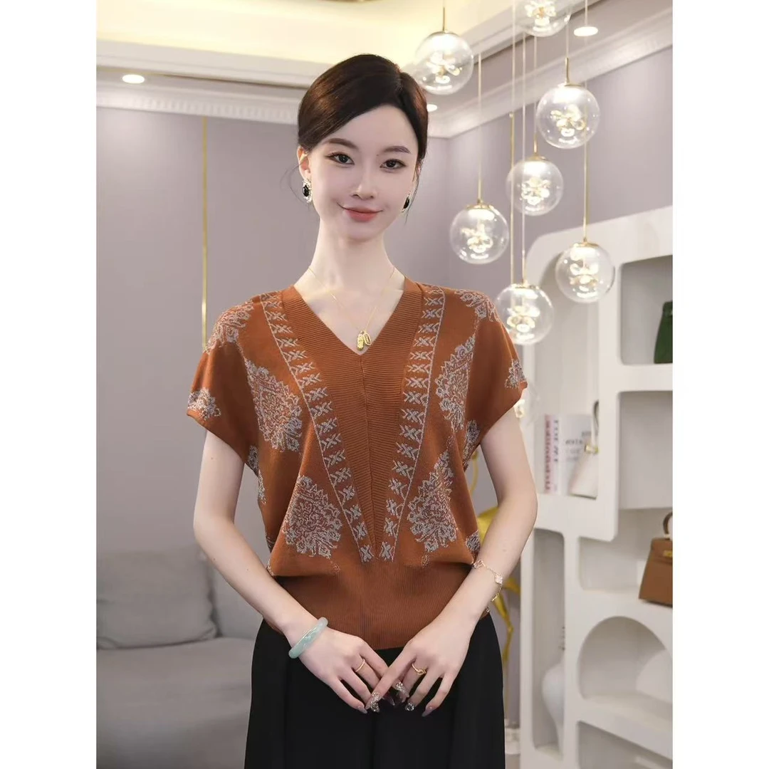 2025夏新【7849】莱赛尔独特短袖薄款抽象V领套头宽松针织上衣女款