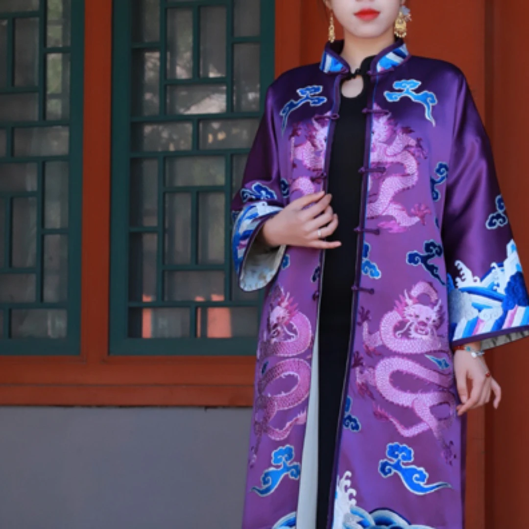 龍熹堂｜京绣紫色江崖海水开襟龙袍