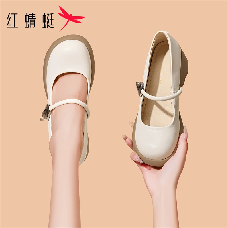 红蜻蜓泫雅风粗跟玛丽珍女秋秋2025新款粗跟高跟鞋厚底防水台单鞋