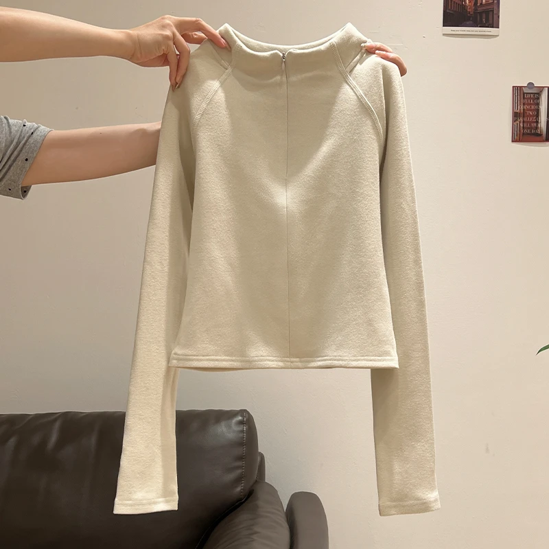 拉夏贝尔杏色磨毛加绒半高领拉链长袖女秋冬德绒保暖内搭打底上衣