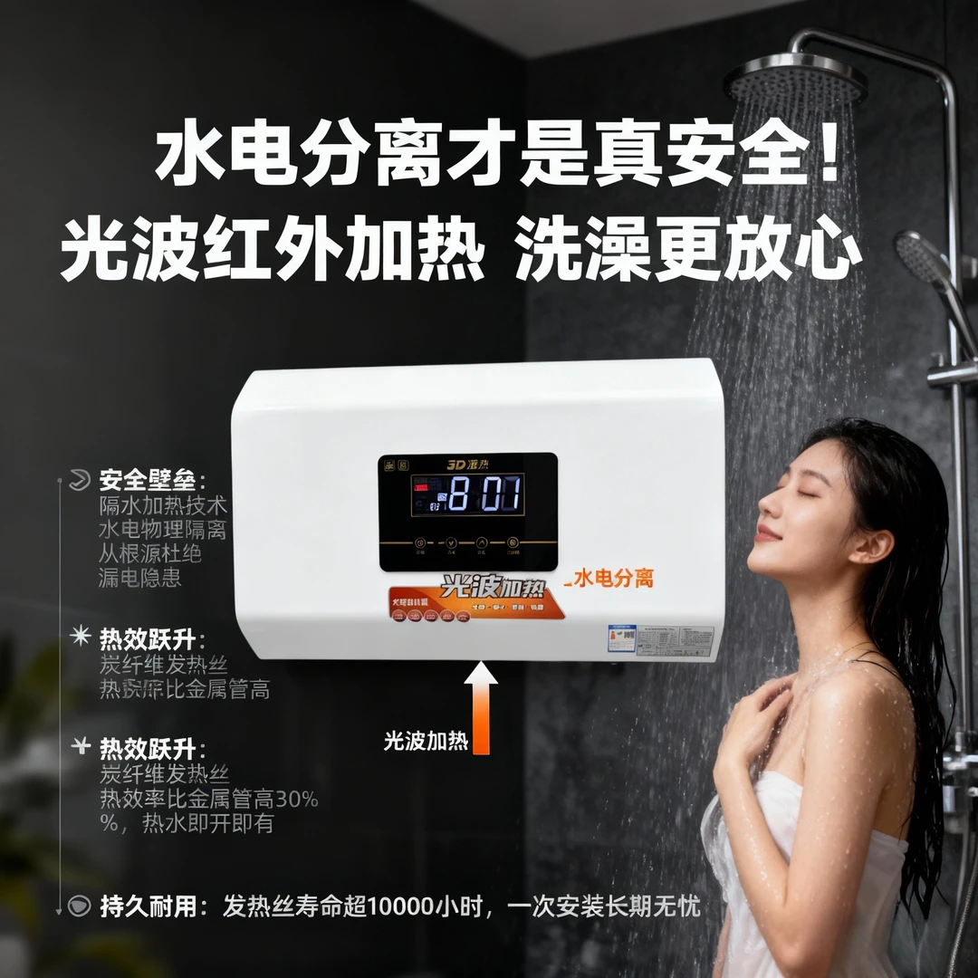 真美康光波电热水器储水式家用洗澡碳纤维红外加热杀菌智能遥控