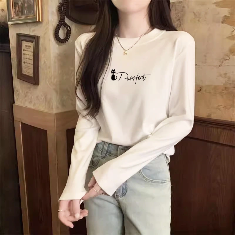 春秋长袖基础T恤女弧形下摆正肩白色长袖t恤女内搭打底衫收睡衣女