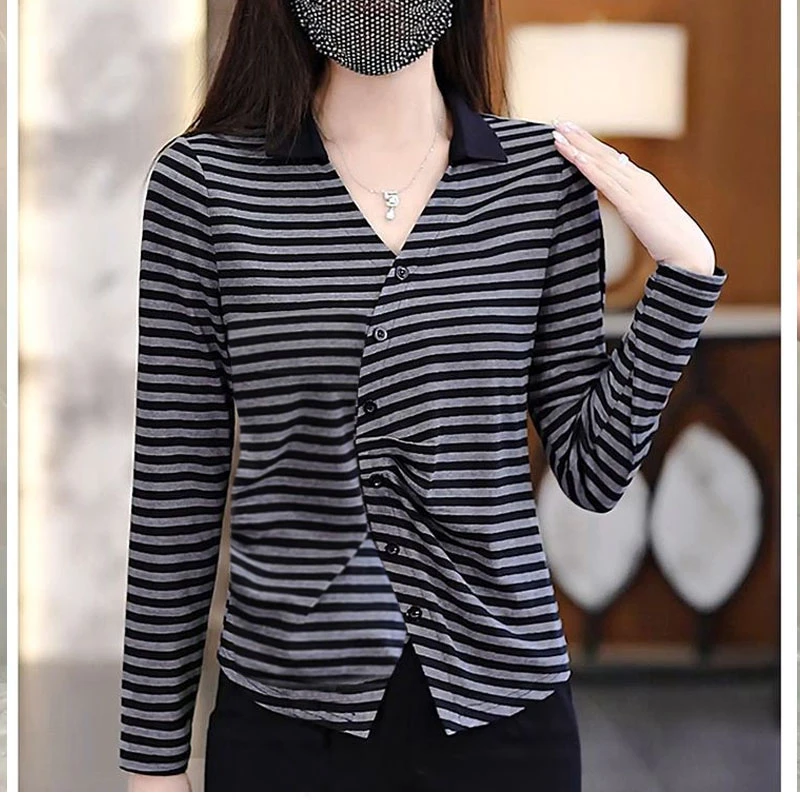 5566长袖高端打底衫大码女装遮肚显瘦上衣秋季新款条纹衬衣v领T恤