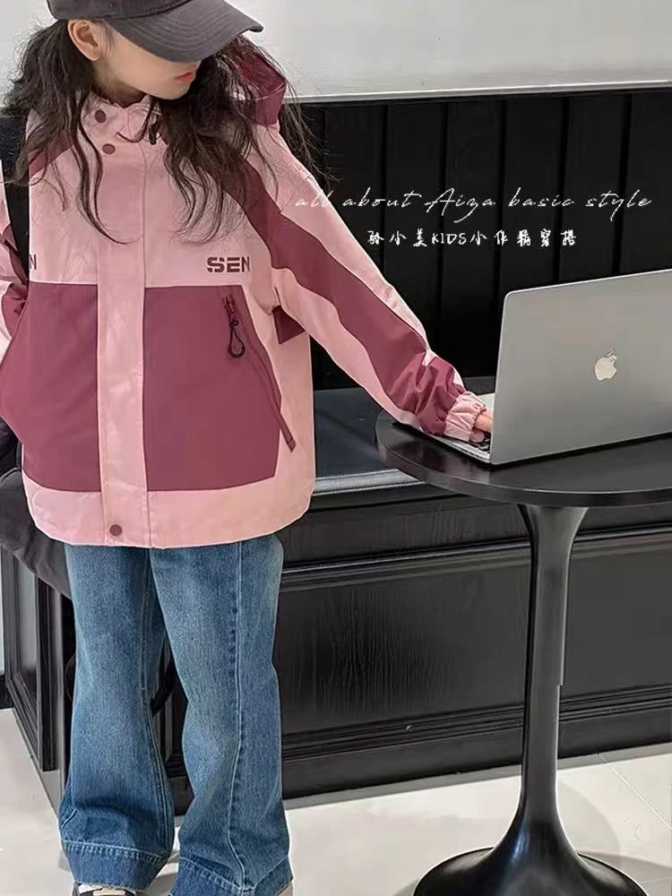 女大童粉色拼接冲锋衣外套春秋褂子A8-15-3