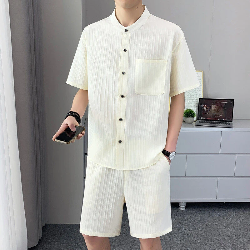 夏季男士衬衫短裤套装时尚潮流百搭薄款透气立领短袖两件套2620