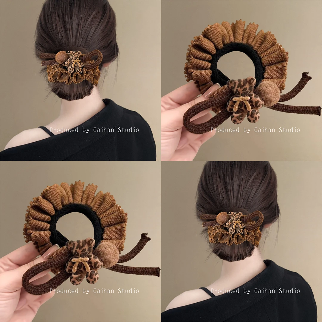 太妃榛果~豹纹小熊蝴蝶结发圈女高级感复古秋冬设计感发绳盘发器
