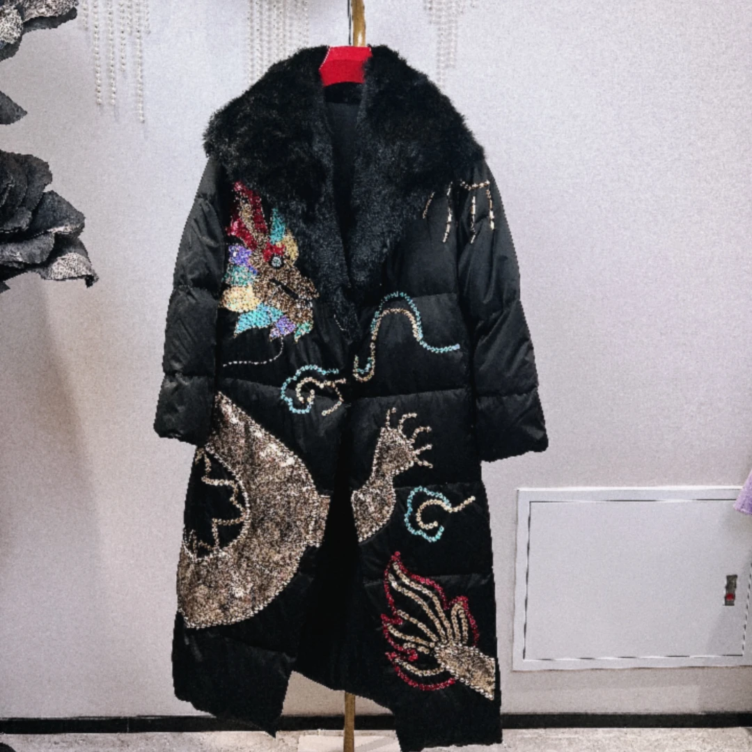 W1030锐宝潮牌黑色毛领亮片大衣