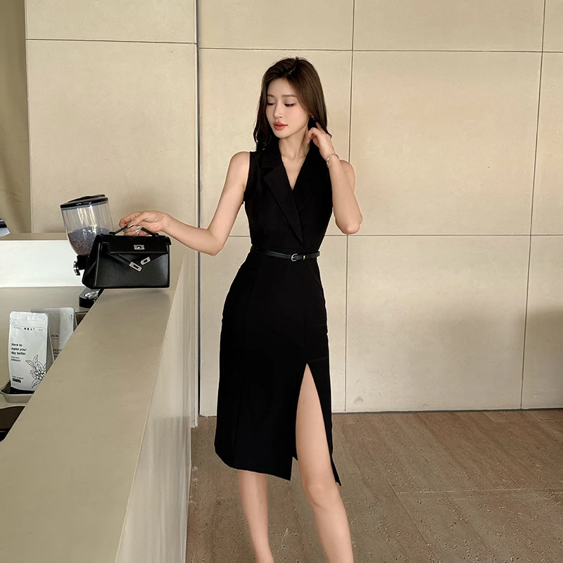 法式小众职场海妖风V领中长款西装连衣裙女夏季智感开叉名媛裙子
