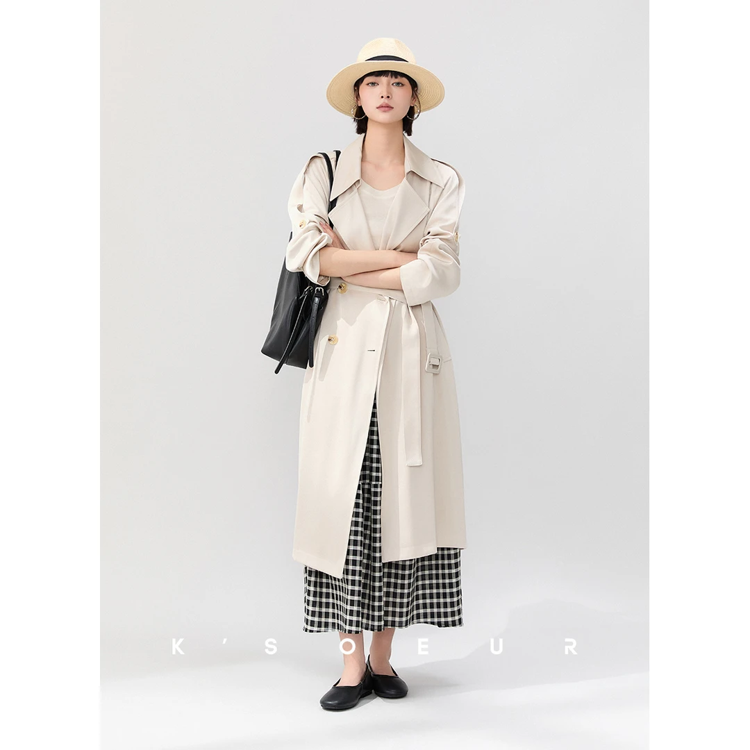 K姐KSOEUR【港岛珍珠缎风衣】双排扣中长款风衣外套 女