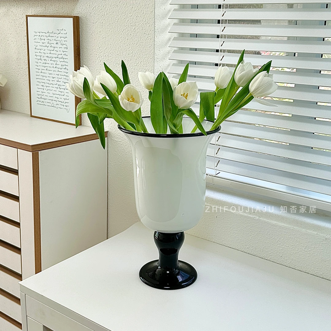 黑白高脚杯芬顿花瓶法式中古琉璃花瓶摆件客厅轻奢插花瓶复古摆件