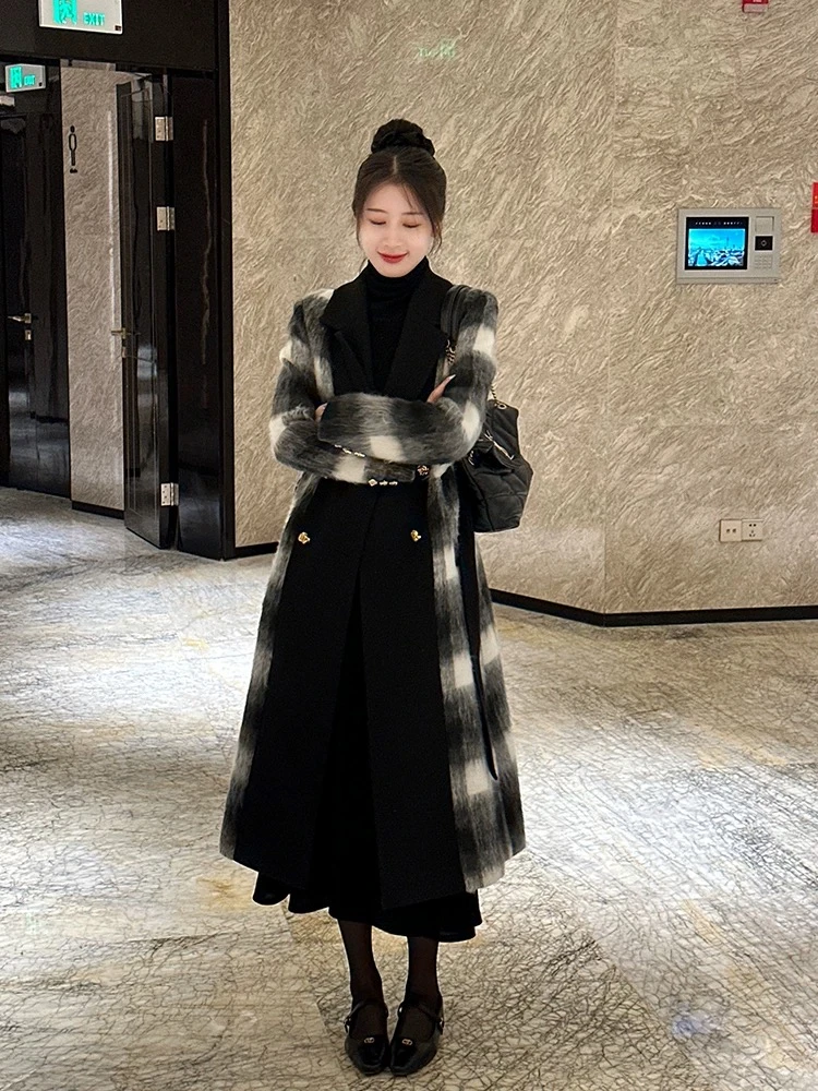【光影之旅】300斤特大码胖mm法式气质显瘦2025秋冬款黑白毛呢大衣