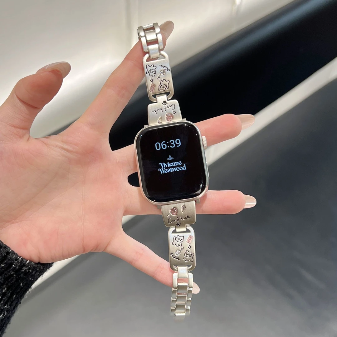 适用苹果手表s10表带可爱猫咪小狗链条iwatchs9 s8 s6 se表带女生