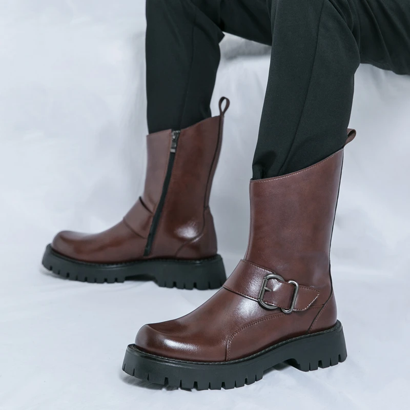 秋冬切尔西靴男士马丁靴复古休闲英伦骑士靴高帮皮鞋欧洲站长筒靴