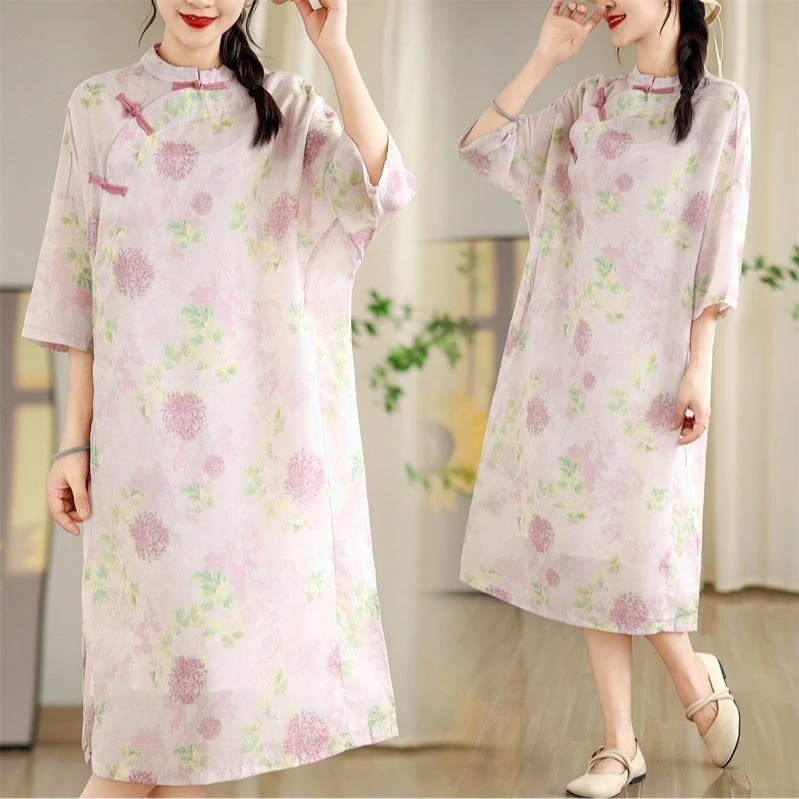 2025夏款文艺复古苎麻印花改良旗袍裙女中长款斜襟盘扣立领连衣裙