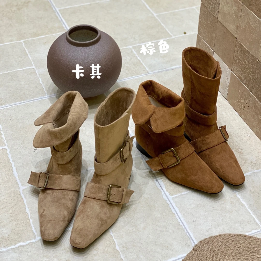 2025秋冬季新款小众设计复古法式时尚短靴尖头西部靴百搭时装靴女