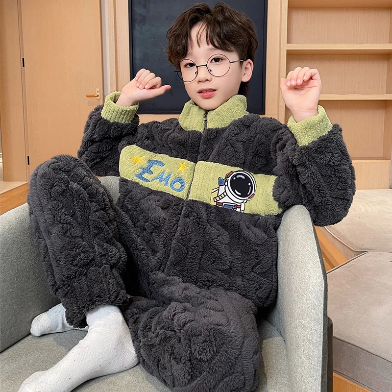 珊瑚绒儿童睡衣秋冬季男童宇航员冬款法兰绒青少年家居服男孩套装