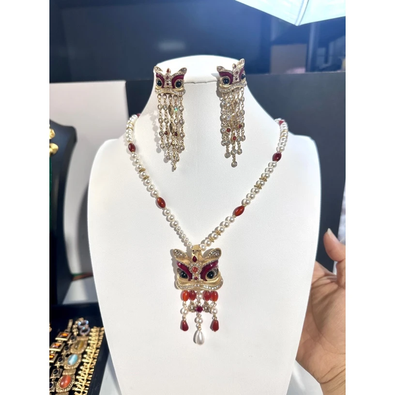 铜珐琅项链 古风饰品醒狮套装新年款复古民族风彩色项链耳环套装