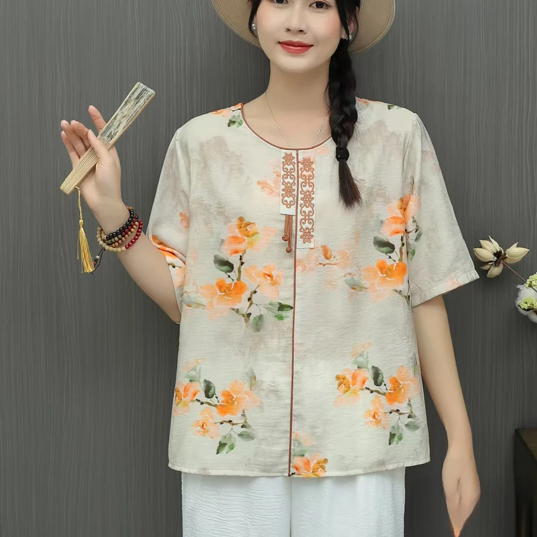 【锦绣江南】夏季复古民族风天丝麻短袖T桖圆领印花宽松大码女上衣